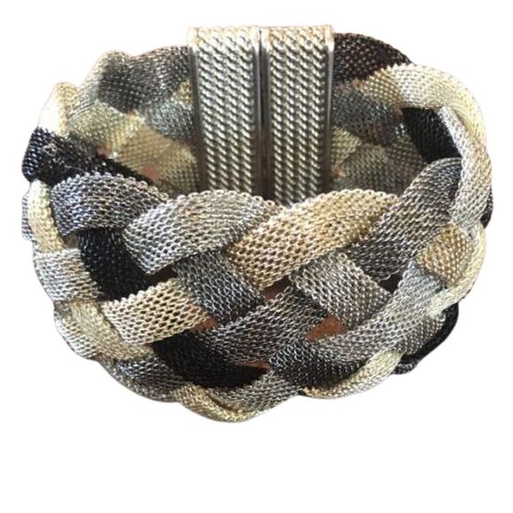 Womens Silver Gray Gunmetal Wide Mesh Bangle Wrap Magnetic Braided Bracelet - Picture 1 of 6